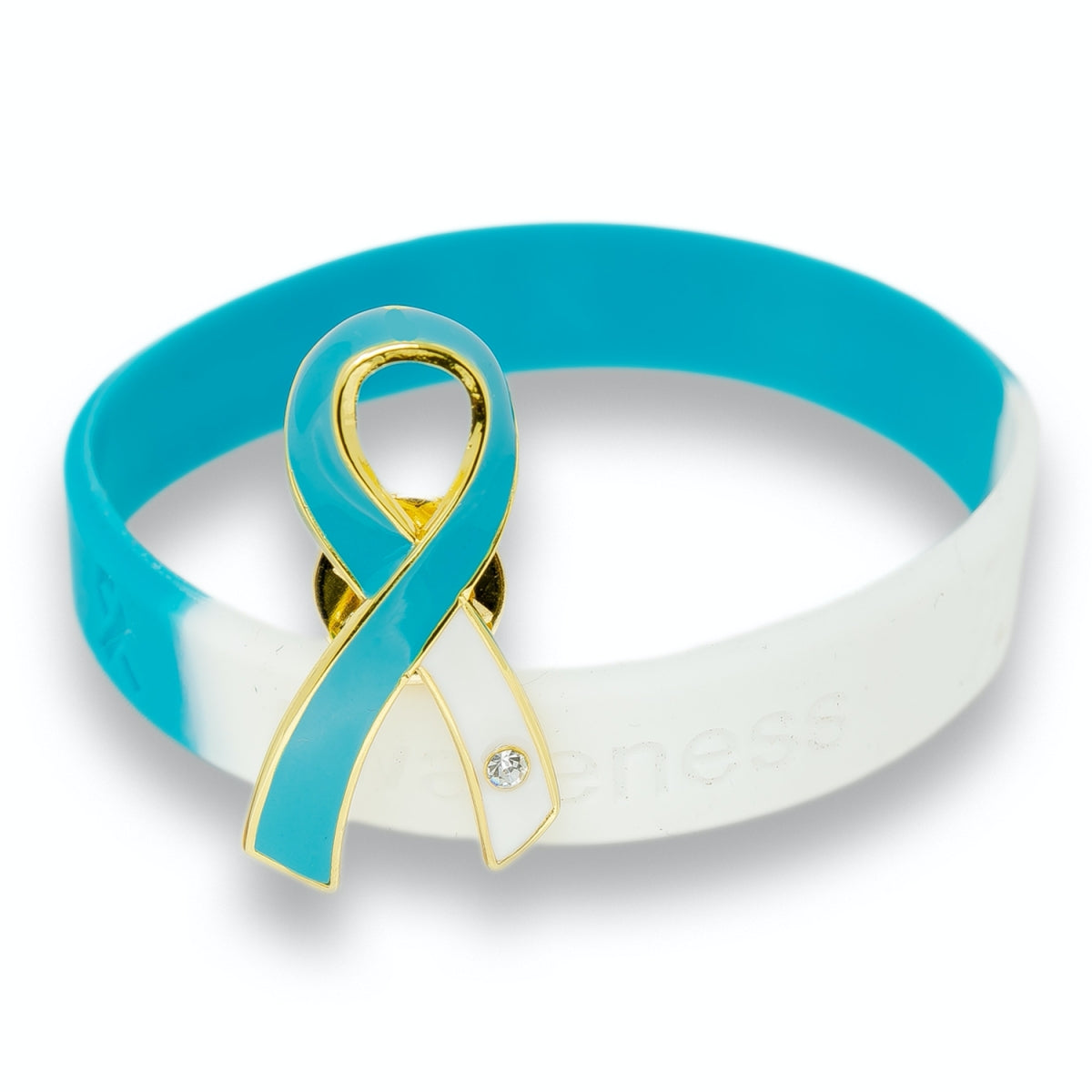 ティール&ホワイトリボン ピンバッジ シリコンブレスレット セット ピンバッチ バッチ 子宮頸がん 子宮がん ガン 癌 SDGs